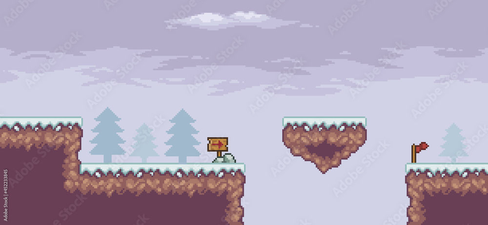 Poster pixel art game scene in snow with floating platform, pine trees, clouds and 8bit background