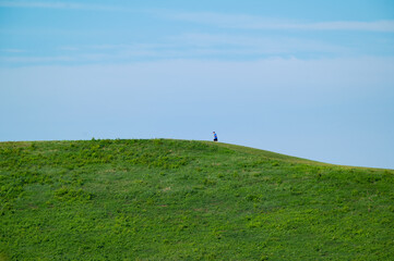 man running up hill in green field with blue sky