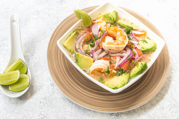 Shrimp ceviche with avocado, traditional Ecuadorian food