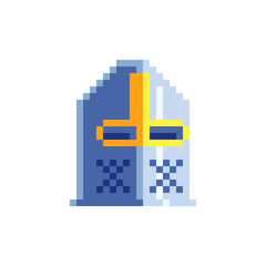 Pixel art. Knight's helmet. Stickers design. Video game sprite. Isolated vector illustration. 