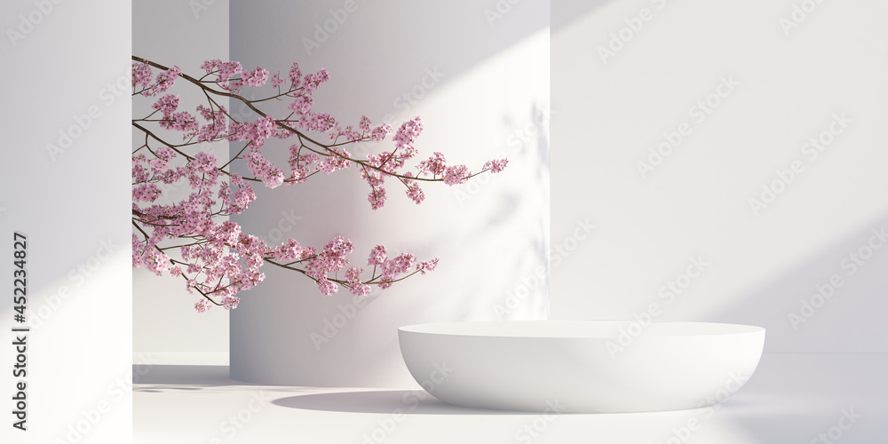 Wall mural japanese style architect podium background.for branding and product presentation.3d rendering illust