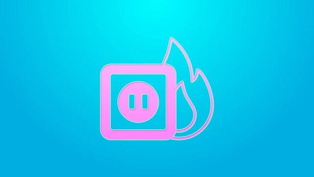 Pink line Electric wiring of socket in fire icon isolated on blue background. Electrical safety concept. Plug outlet on fire. 4K Video motion graphic animation
