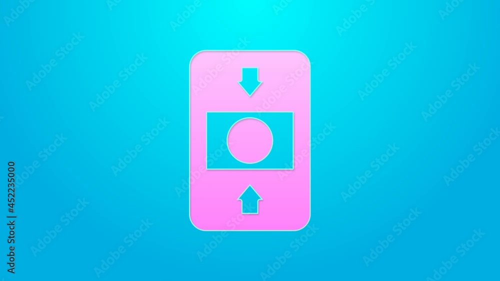 Sticker Pink line Fire alarm system icon isolated on blue background. Pull danger fire safety box. 4K Video motion graphic animation