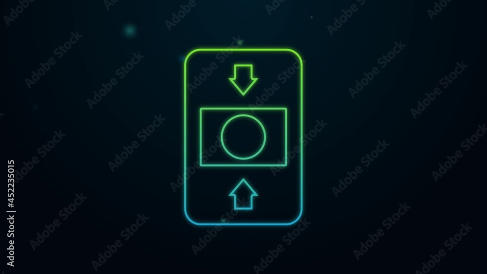 Sticker Glowing neon line Fire alarm system icon isolated on black background. Pull danger fire safety box. 4K Video motion graphic animation