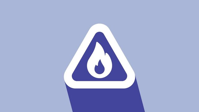White Fire flame in triangle icon isolated on purple background. Warning sign of flammable product. 4K Video motion graphic animation