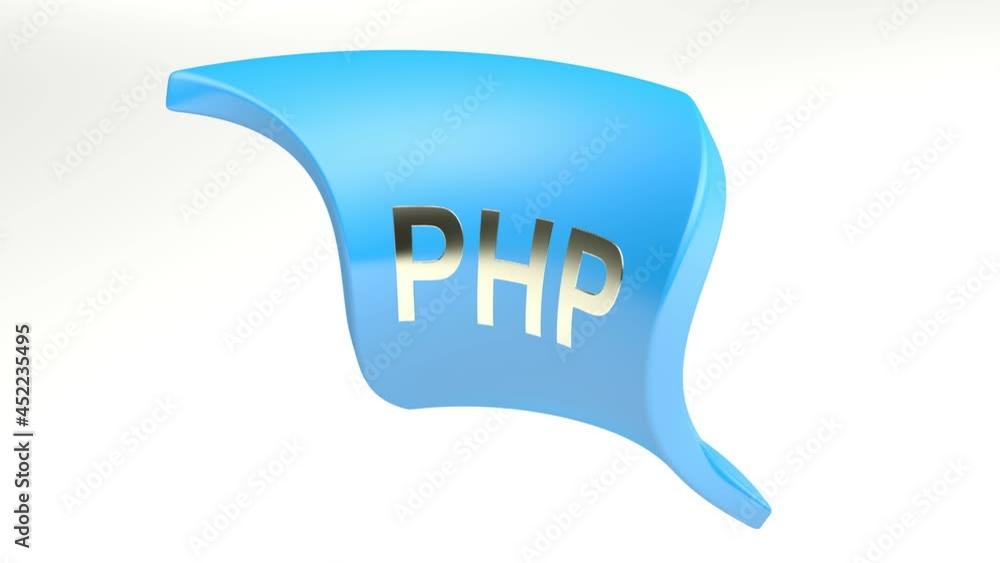 Poster a blue flying tag with the write php, on white background - 3d rendering animation