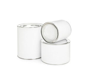Closed blank cans of paint on white background