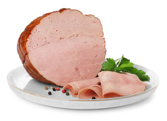 Delicious sliced ham with parsley and peppercorns isolated on white