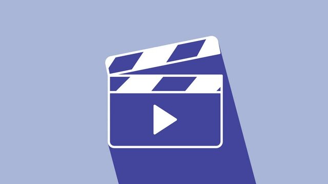 White Movie clapper icon isolated on purple background. Film clapper board. Clapperboard sign. Cinema production or media industry. 4K Video motion graphic animation