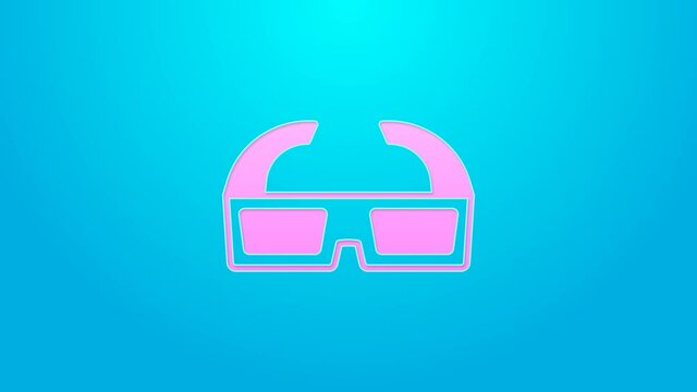 Pink line 3D cinema glasses icon isolated on blue background. 4K Video motion graphic animation