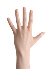 Woman against white background, closeup of hand