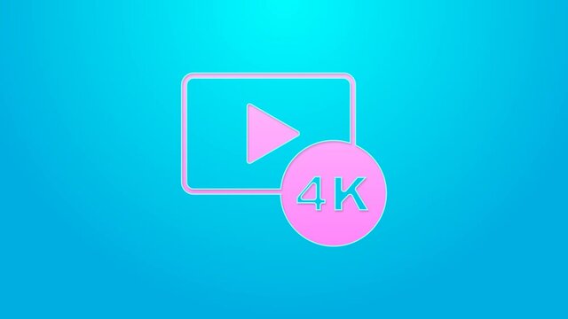 Pink line Screen tv with 4k Ultra HD video technology icon isolated on blue background. 4K Video motion graphic animation
