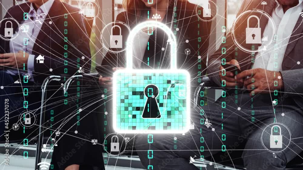 Poster cyber security and digital data protection conceptual . graphic interface showing secure firewall te