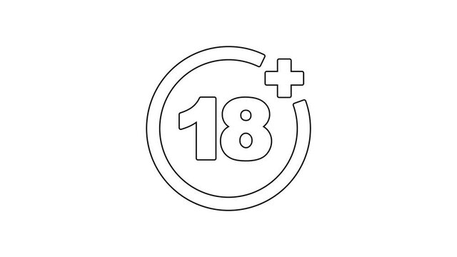 Black line Plus 18 movie icon isolated on white background. Adult content. Under 18 years sign. 4K Video motion graphic animation