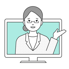 パソコンから解説する女性の線画イラスト