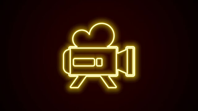 Glowing neon line Retro cinema camera icon isolated on black background. Video camera. Movie sign. Film projector. 4K Video motion graphic animation
