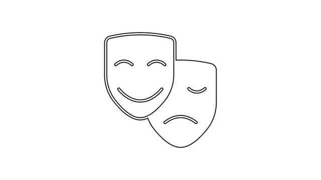 Black line Comedy and tragedy theatrical masks icon isolated on white background. 4K Video motion graphic animation