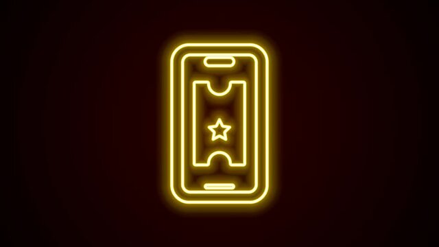 Glowing neon line Buy cinema ticket online icon isolated on black background. Service Concept. 4K Video motion graphic animation