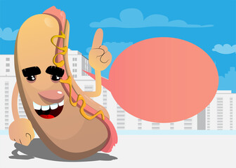 Hot Dog making a point. American fast food as a cartoon character with face.