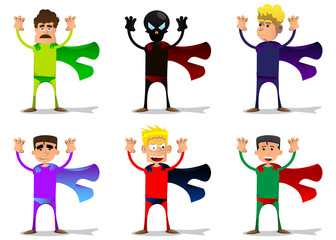 Funny cartoon man dressed as a superhero is trying to scare you. Vector illustration.