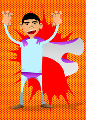 Funny cartoon man dressed as a superhero is trying to scare you. Vector illustration.