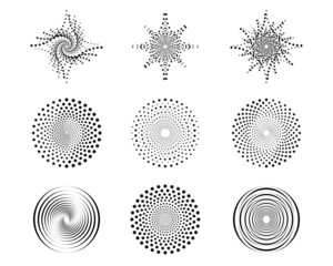 Editable (raw/not expand) spiral swirl, twirl dots, circle vortex halftone. Circular radial rotation lines vector templates. Created using AI CS6.