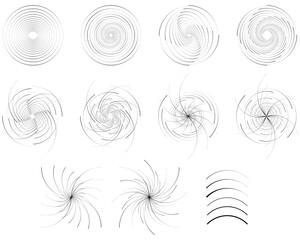 Editable (raw/not expand) spiral swirl, twirl dots, circle vortex halftone. Circular radial rotation lines vector templates. Created using AI CS6.