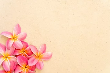 Gordijnen Blossom pink plumeria or frangipani flower on sand beach background. Copy space. © tienuskin