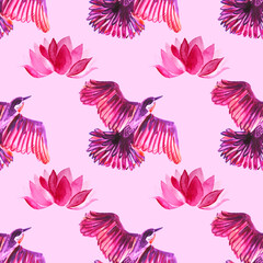 Seamless pattern watercolor flying purple, pink abstract bird and flower lotus on pink. Hand-drawn art creative animal background for card, wallpaper, wrapping, textile, sketchbook