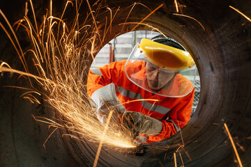 Electric wheel grinding at Industrial worker wear a safety mask cutting metal pipe with many sharp...