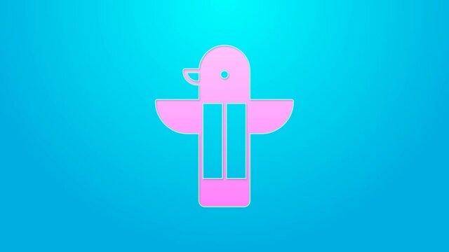 Pink line Canadian totem pole icon isolated on blue background. 4K Video motion graphic animation