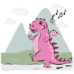 Pink Dinosaur cartoon vector illustration drawing, baby Dino walking and singing