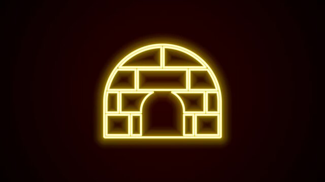 Glowing neon line Igloo ice house icon isolated on black background. Snow home, Eskimo dome-shaped hut winter shelter, made of blocks. 4K Video motion graphic animation