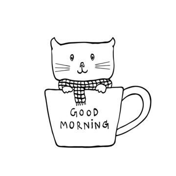 Hand drawn little cute cat sitting in coffee cup for good morning concept. Vector illustration in doodle art style on white background