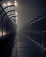 Man walking along a walkway in the mist fog