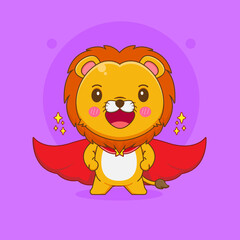 Cute lion with red cloak as superhero cartoon illustration