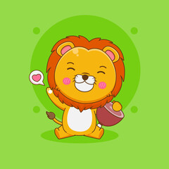 Cute lion holding big meat cartoon illustration