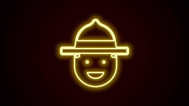 Glowing neon line Canadian ranger hat uniform icon isolated on black background. 4K Video motion graphic animation