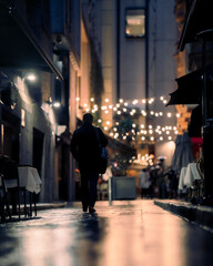 people walking on the street at night