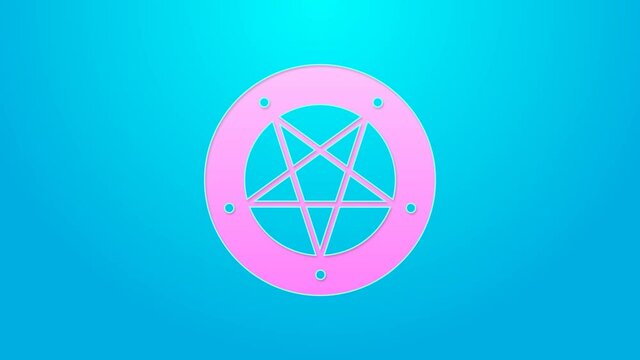Pink line Pentagram in a circle icon isolated on blue background. Magic occult star symbol. 4K Video motion graphic animation