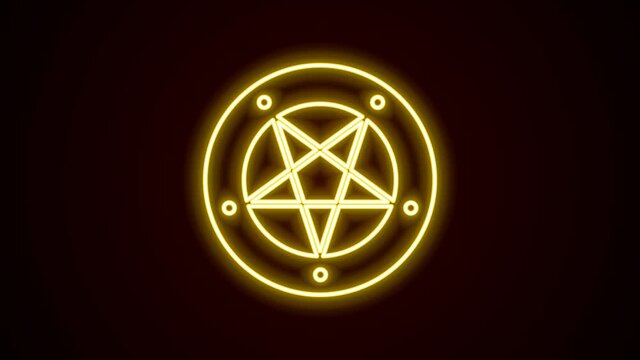 Glowing neon line Pentagram in a circle icon isolated on black background. Magic occult star symbol. 4K Video motion graphic animation