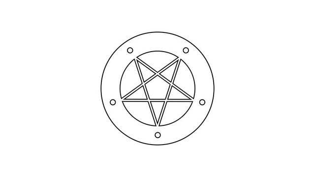 Black line Pentagram in a circle icon isolated on white background. Magic occult star symbol. 4K Video motion graphic animation