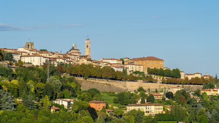 Fototapeta na wymiar Bergamo, Italy. Amazing landscape at the old town and the ancient walls from the hills. Touristic destination. Bergamo one of the beautiful city in Italy