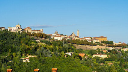 Obraz premium Bergamo, Italy. Amazing landscape at the old town and the ancient walls from the hills. Touristic destination. Bergamo one of the beautiful city in Italy