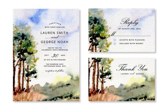 wedding invitation set with landscape trees watercolor
