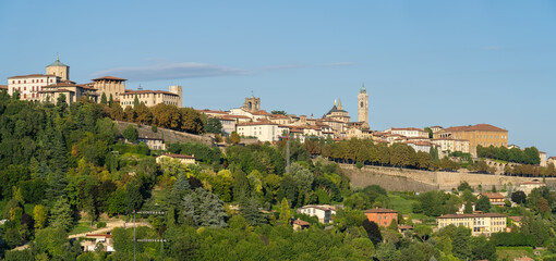 Fototapeta na wymiar Bergamo, Italy. Amazing landscape at the old town and the ancient walls from the hills. Touristic destination. Bergamo one of the beautiful city in Italy