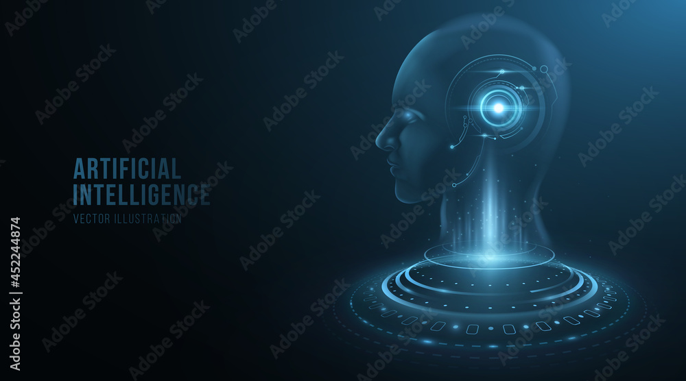 Poster digital holographic face of a cyborg man with hud elements on head. artificial intelligence concept.