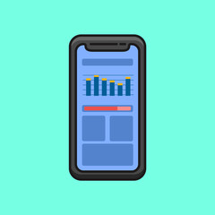 An illustrating smartphone shows chart graphical statistics. Flat Design Cartoon Style