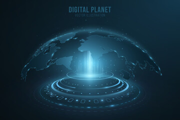 Digital holographic dot world map with HUD elements. Earth globe hologram. Futuristic planet Earth in cyberspace with light effects. Vector illustration