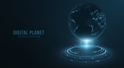 Digital holographic planet with HUD elements. Earth Globe hologram. 3D futuristic dot world map in cyberspace with light effects. Vector illustration